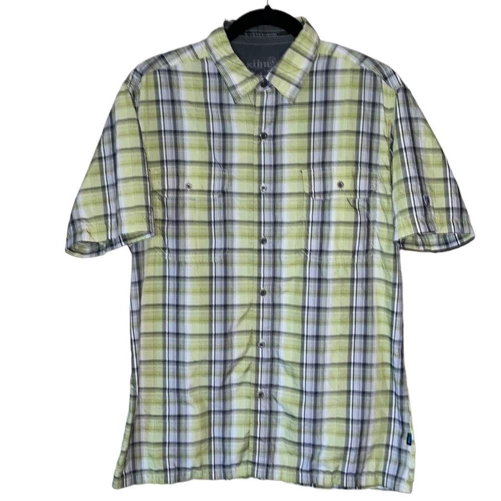 Kuhl Eluxur Plaid Short Sleeve Button Down Shirt Green and Gray (Medium)